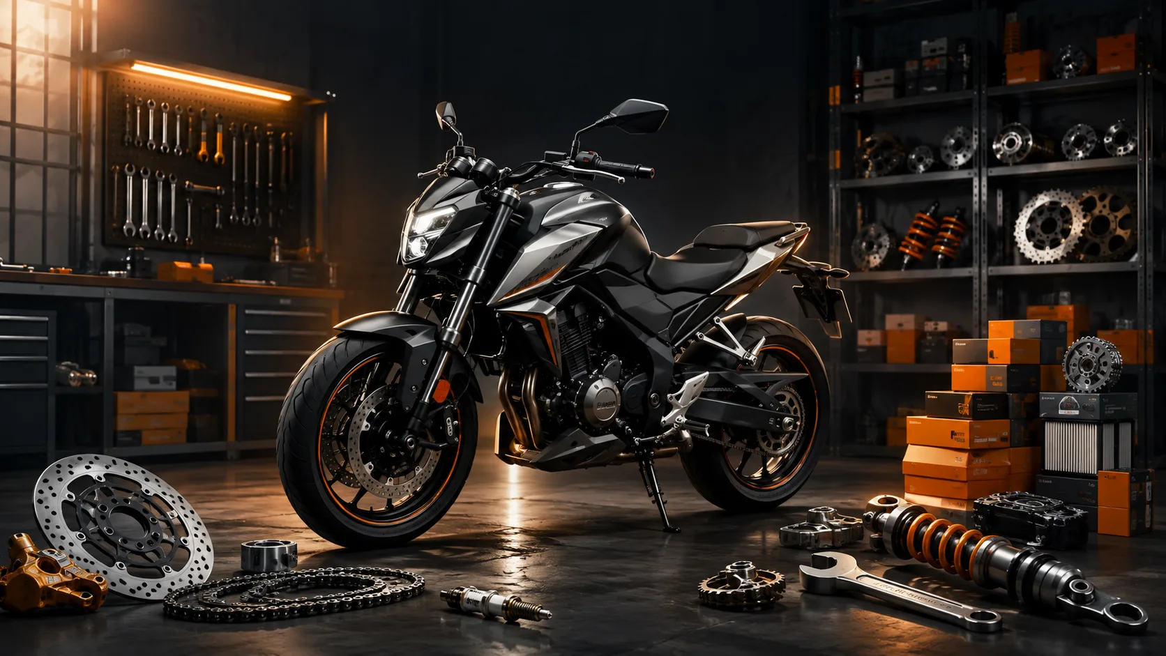 Imagen ilustrativa de una motocicleta y equipo de taller